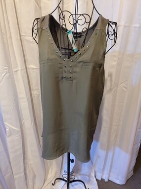 Stud-Accent Olive Sleeveless V-Neck Tank Top